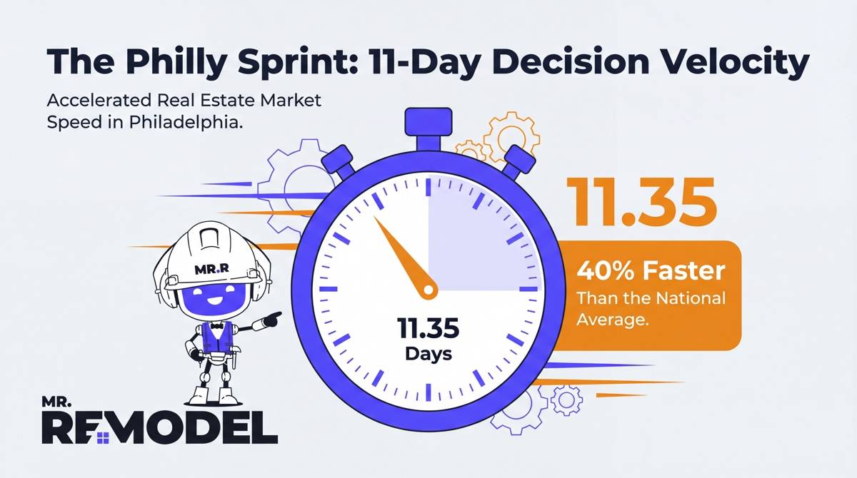 An infographic gauge titled "The Philly Sprint" showing a decision window of 11.35 days, illustrating that Philadelphia homeowners hire roofing contractors 40% faster than the national average.